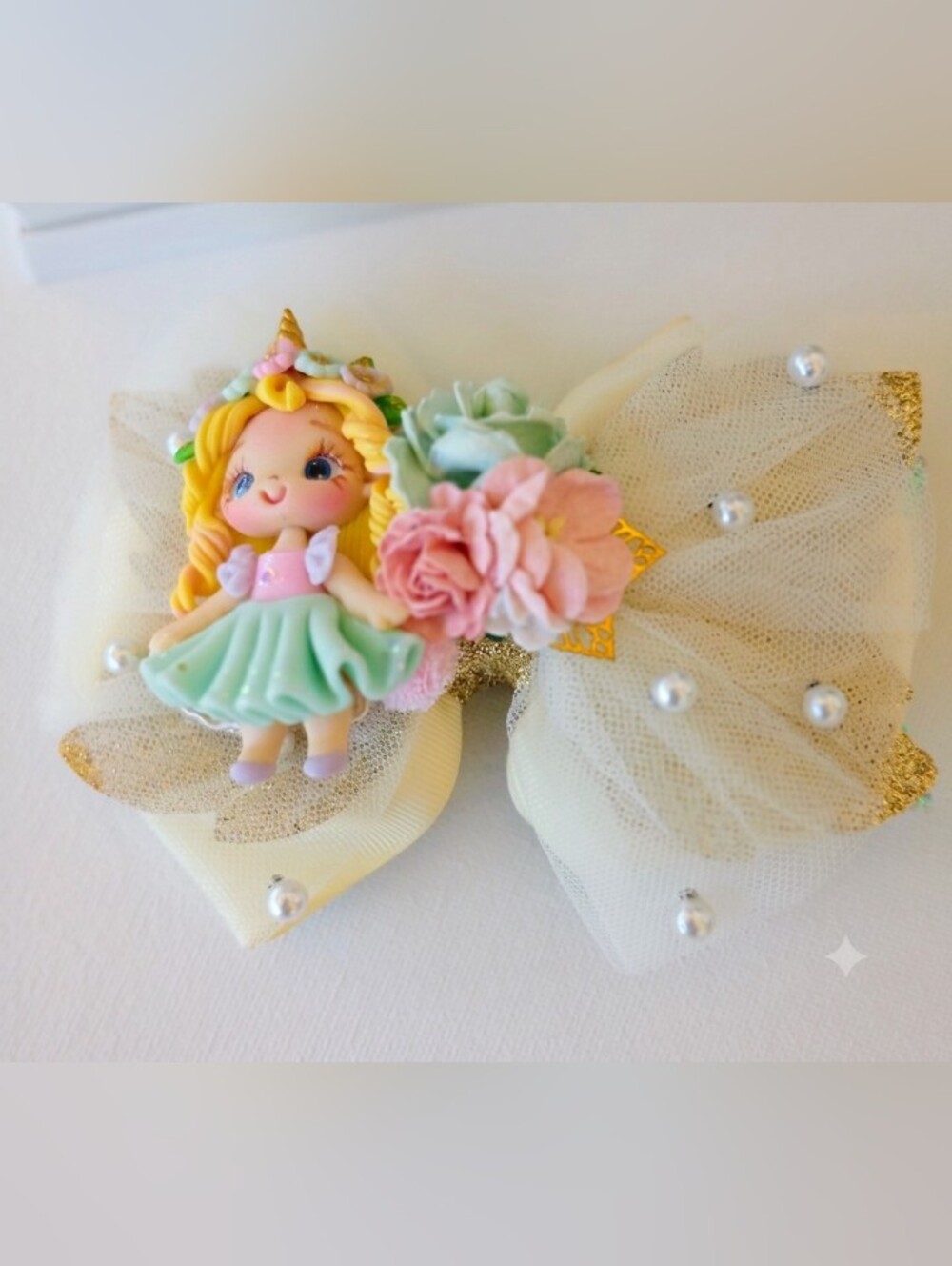 Handmade Cream Tulle Unicorn Doll Bow Hair Clip with Pastel Accents🎀✨ - Picture 4 of 7